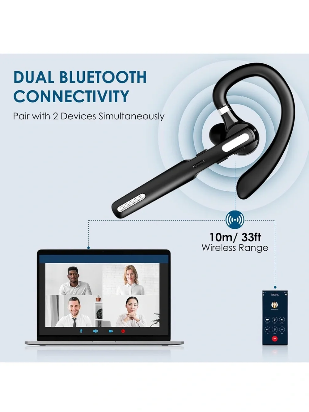 ICOMTOFIT Bluetooth Headset, Wireless Bluetooth Earpiece V5.0 Hands-Free NEW